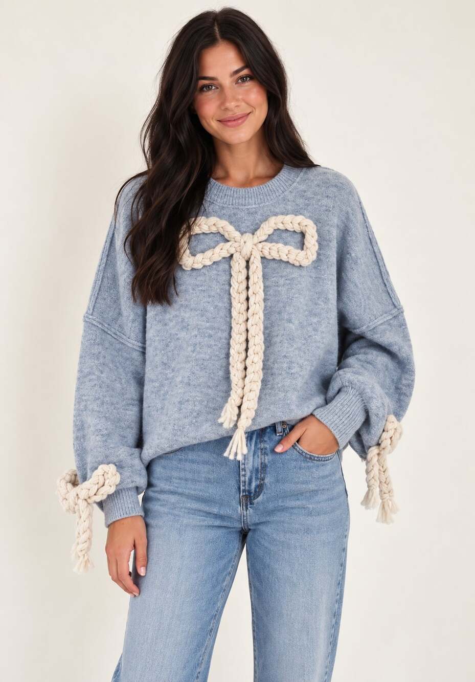 Sofie the Label Gray Braided Bow Crewneck Sweater Womens Size Small Cottagecore